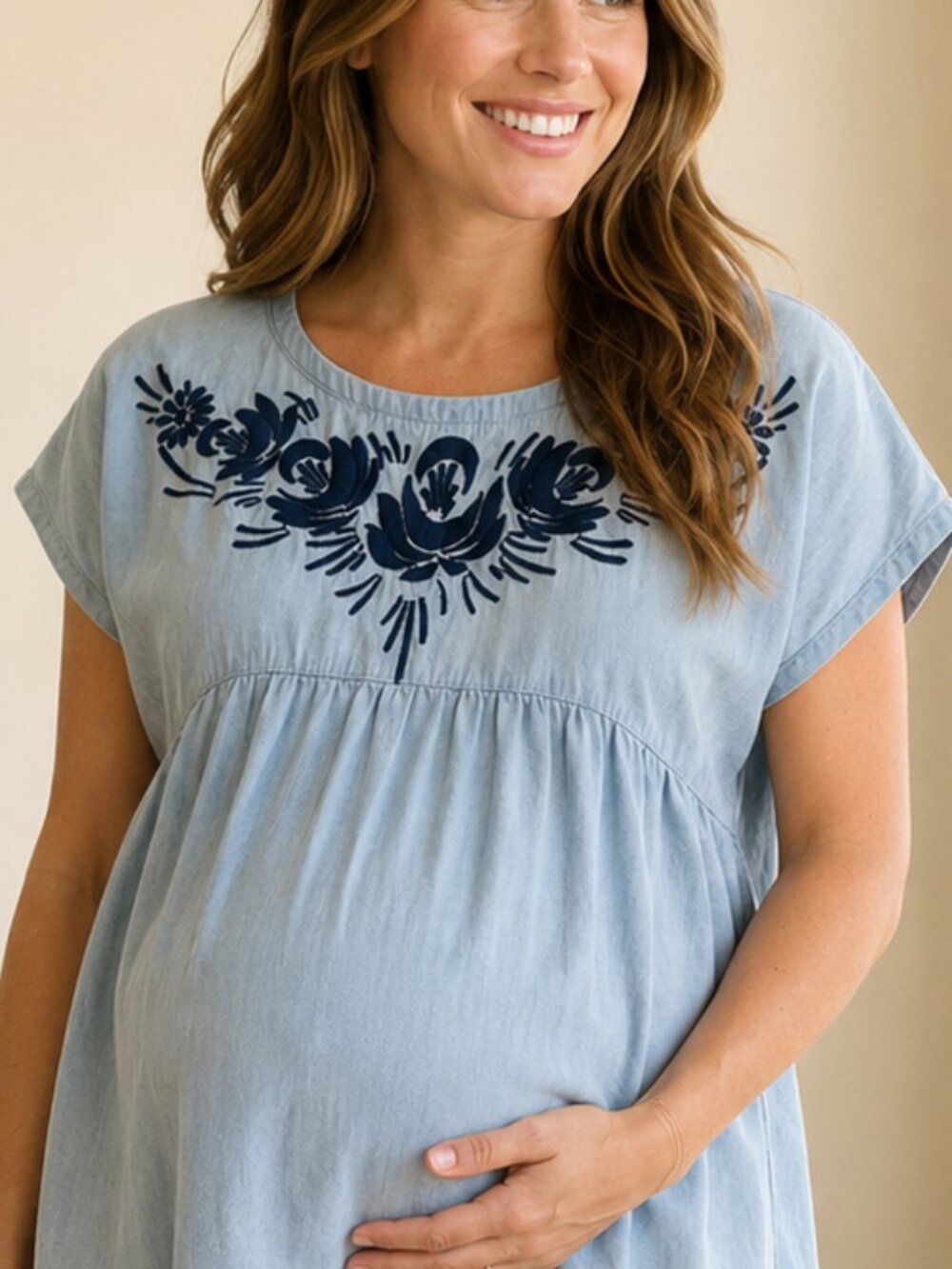 KAMI Maternity Chambray Embroidered Babydoll Top Size M